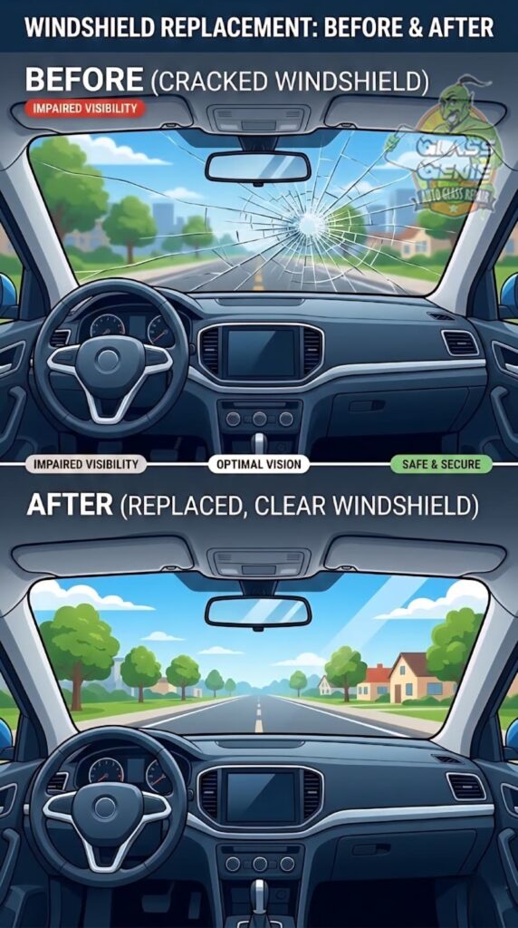 Windshield Replacement before versus after